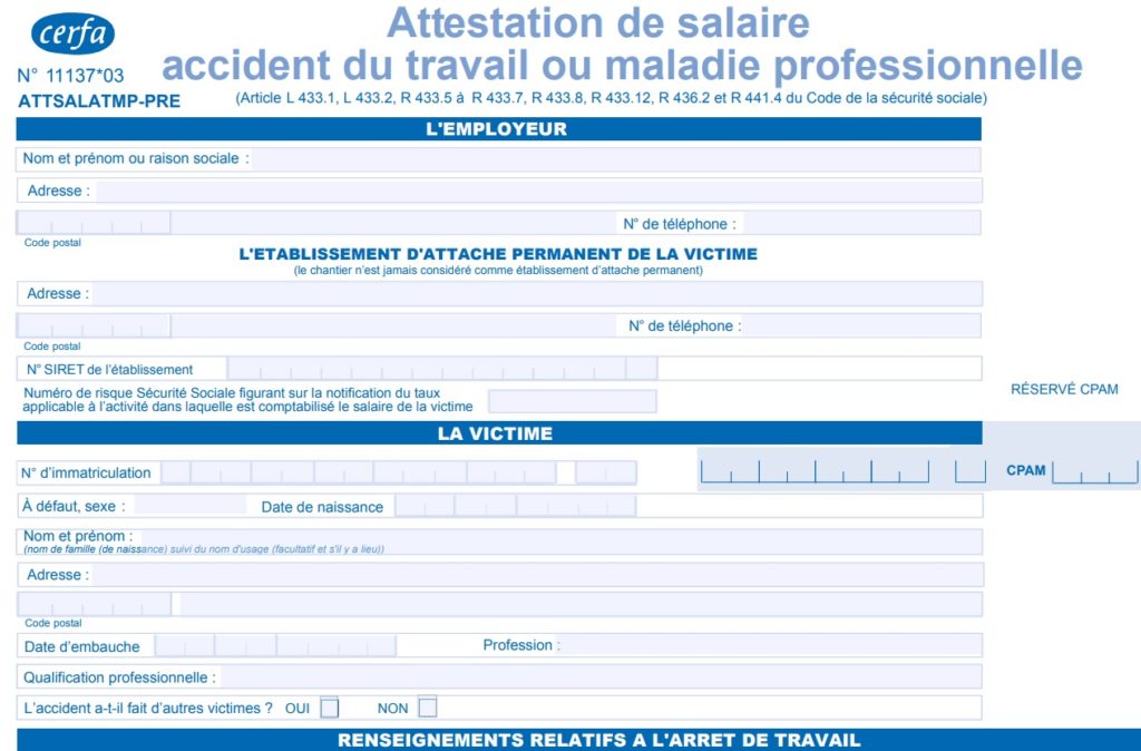 attestation de salaire à remplir pour accident du travail