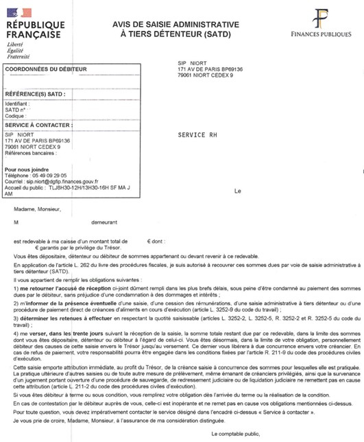 Lettre avis de saisie administrative à tiers détenteur