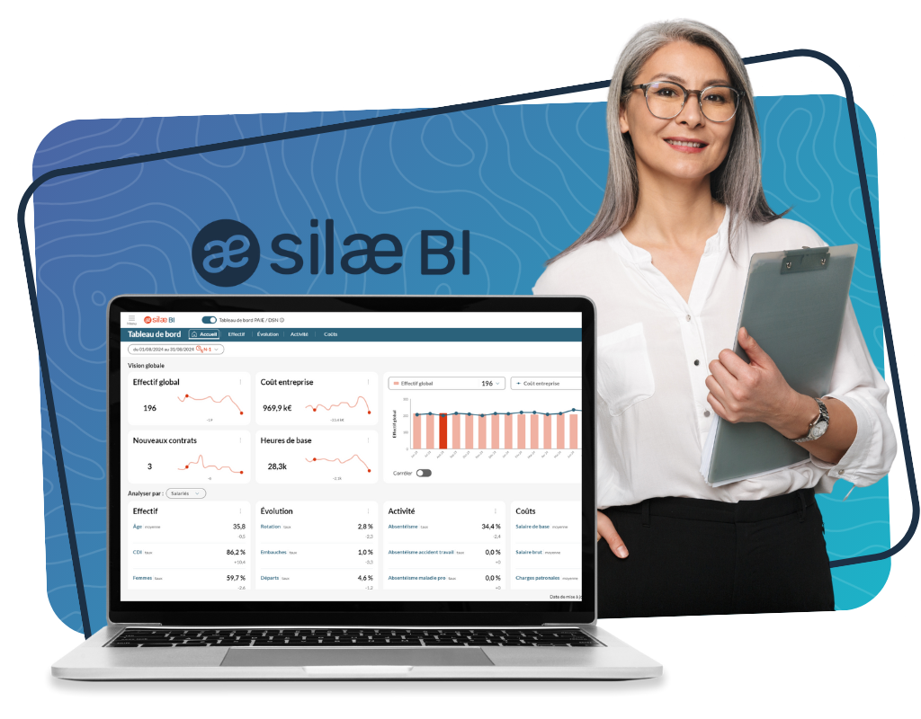 Tableau de bord RH affichant les effectifs, contrats, absences et coûts salariaux sur un ordinateur portable