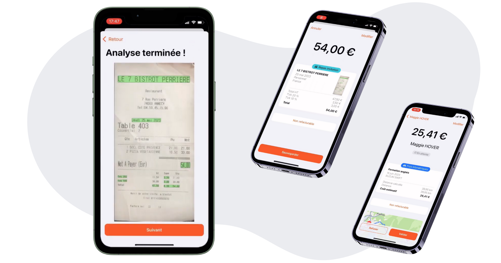 Interface mobile de l'application Silae Expense montrant l'analyse automatique d'une note de frais, la saisie des dépenses et le calcul des indemnités kilométriques