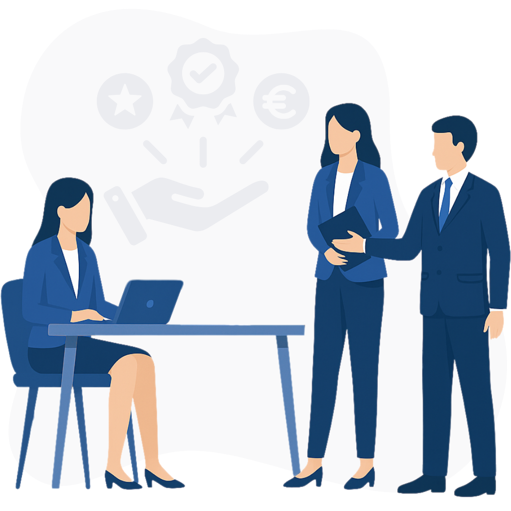 Illustration de trois professionnels en tenue de bureau, dont une femme travaillant sur un ordinateur portable et deux collègues en discussion, représentant la collaboration, la gestion de données et l’accompagnement métier offerts par Silae BI aux experts-comptables.