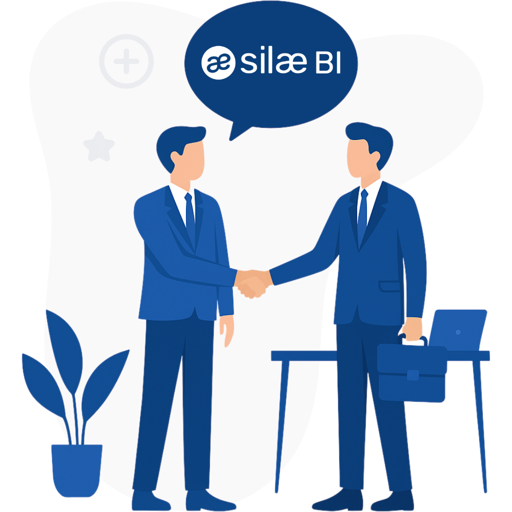 Illustration de deux professionnels en costume se serrant la main sous une bulle “Silae BI”, symbolisant la confiance, la collaboration et les bénéfices qu’apporte Silae BI aux entreprises en matière de pilotage RH et de gestion des données sociales.