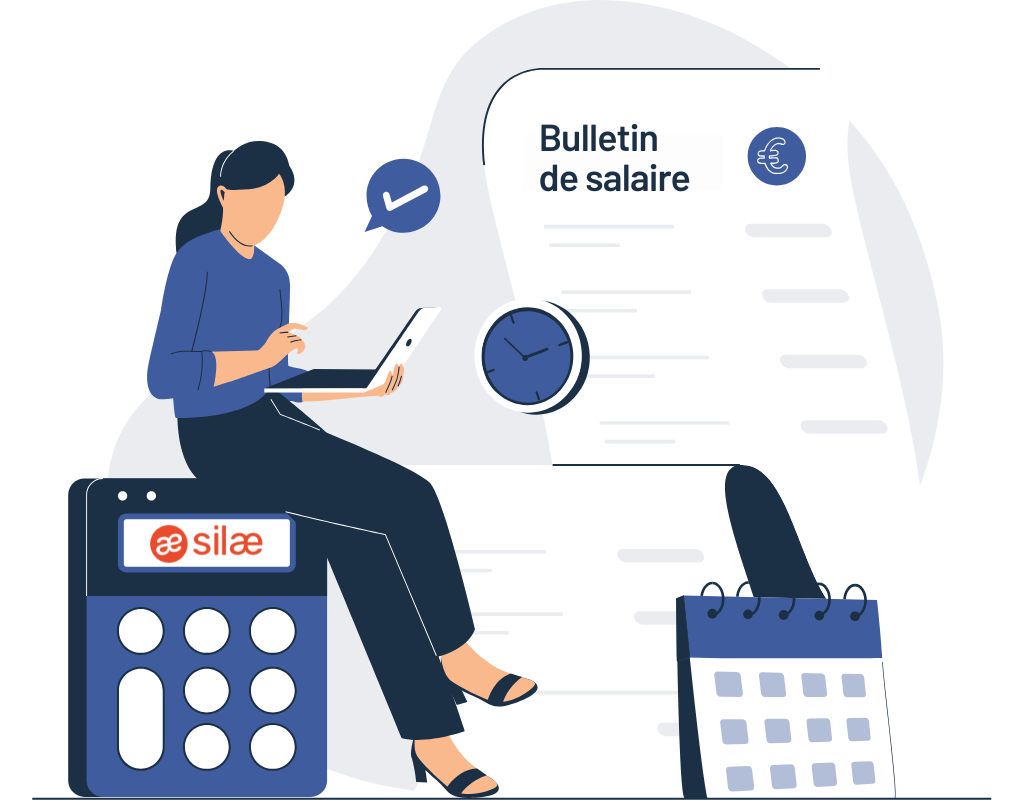 llustration représentant l’externalisation de la paie avec le logiciel Silae : une gestionnaire de paie utilise un ordinateur, accompagnée d’un bulletin de salaire, d’un calendrier et d’une calculatrice affichant le logo Silae, symbolisant la digitalisation et l’automatisation de la gestion des fiches de paie.