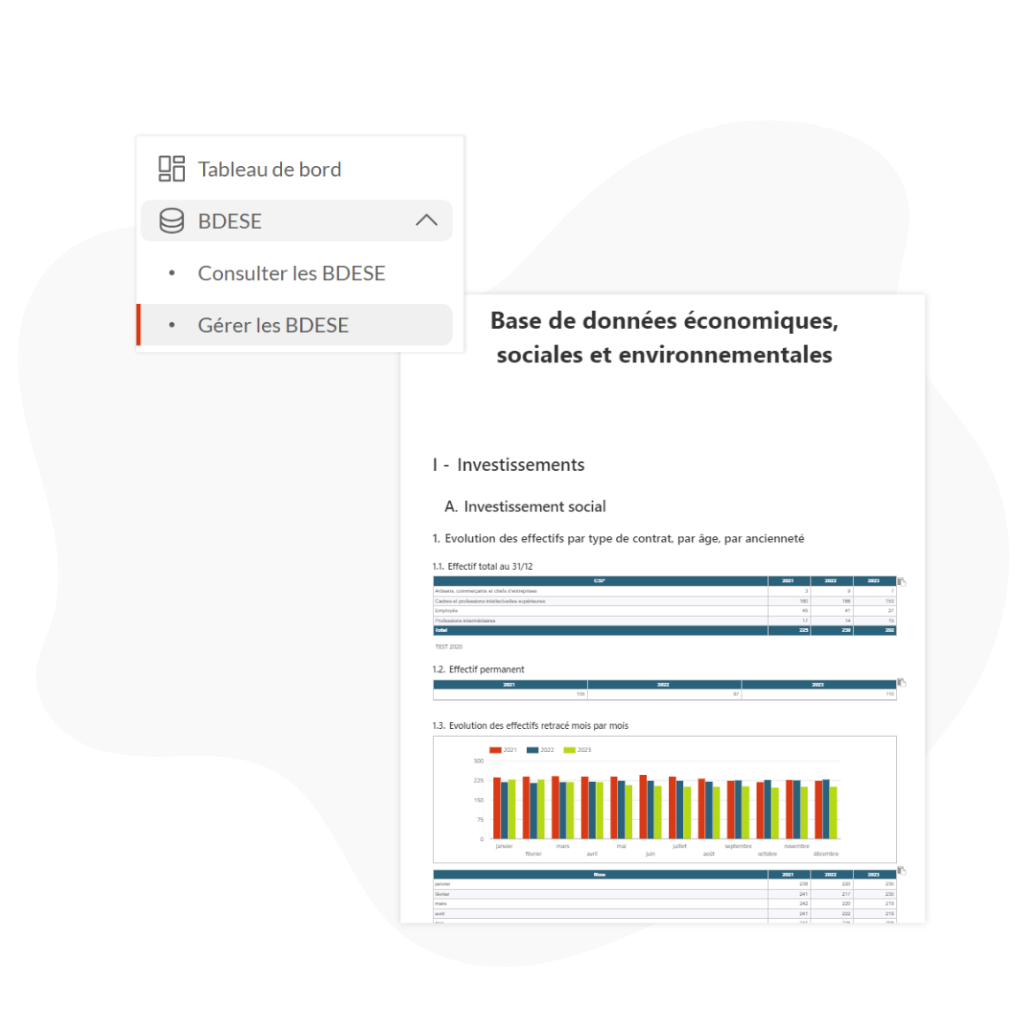 Interface de génération automatique de la BDESE dans Silae BI, affichant un rapport RH structuré avec graphiques et tableaux sur les effectifs et les investissements sociaux.