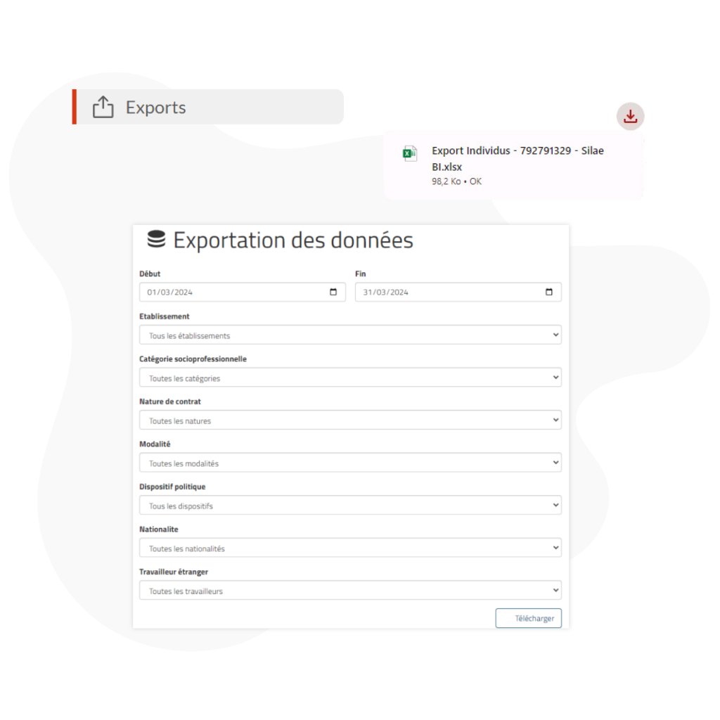 Interface Silae BI montrant l’outil d’exportation de données RH vers Excel avec filtres personnalisables par établissement, contrat ou nationalité.