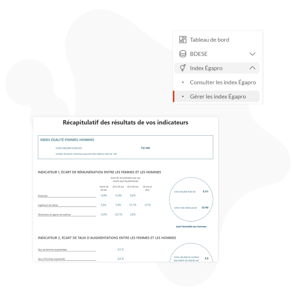 Interface de l’outil Silae BI affichant le tableau de bord de l’Index Égapro, avec les indicateurs sur l’égalité femmes-hommes, tels que l’écart de rémunération et d’augmentations, illustrant la capacité de suivi et de pilotage des obligations légales RH.
