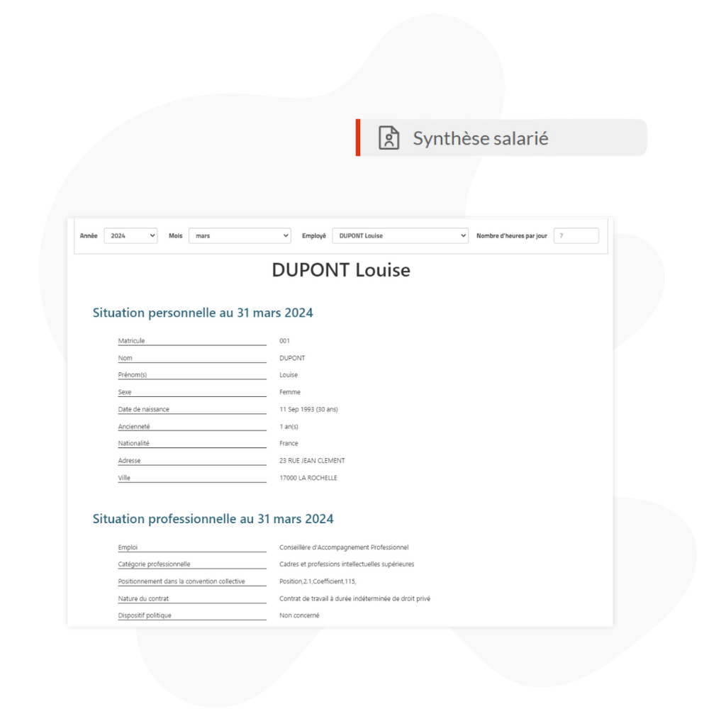 Synthèse salarié Silae BI : fiche individuelle de l’employée avec informations personnelles et professionnelles.