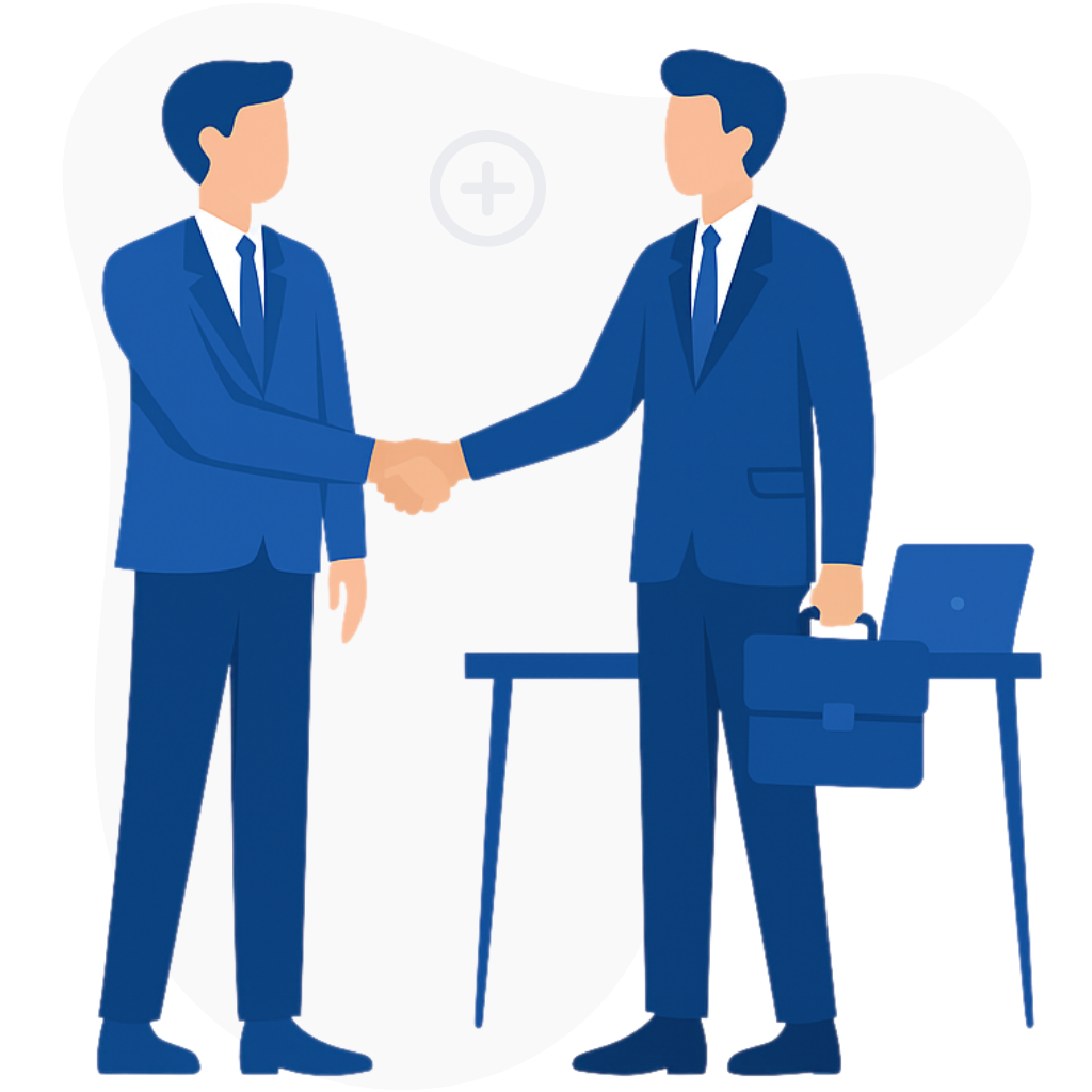 Illustration de deux professionnels en costume se serrant la main devant un bureau, représentant la collaboration simplifiée et la gestion automatisée des notes de frais en entreprise avec Silae Expense.