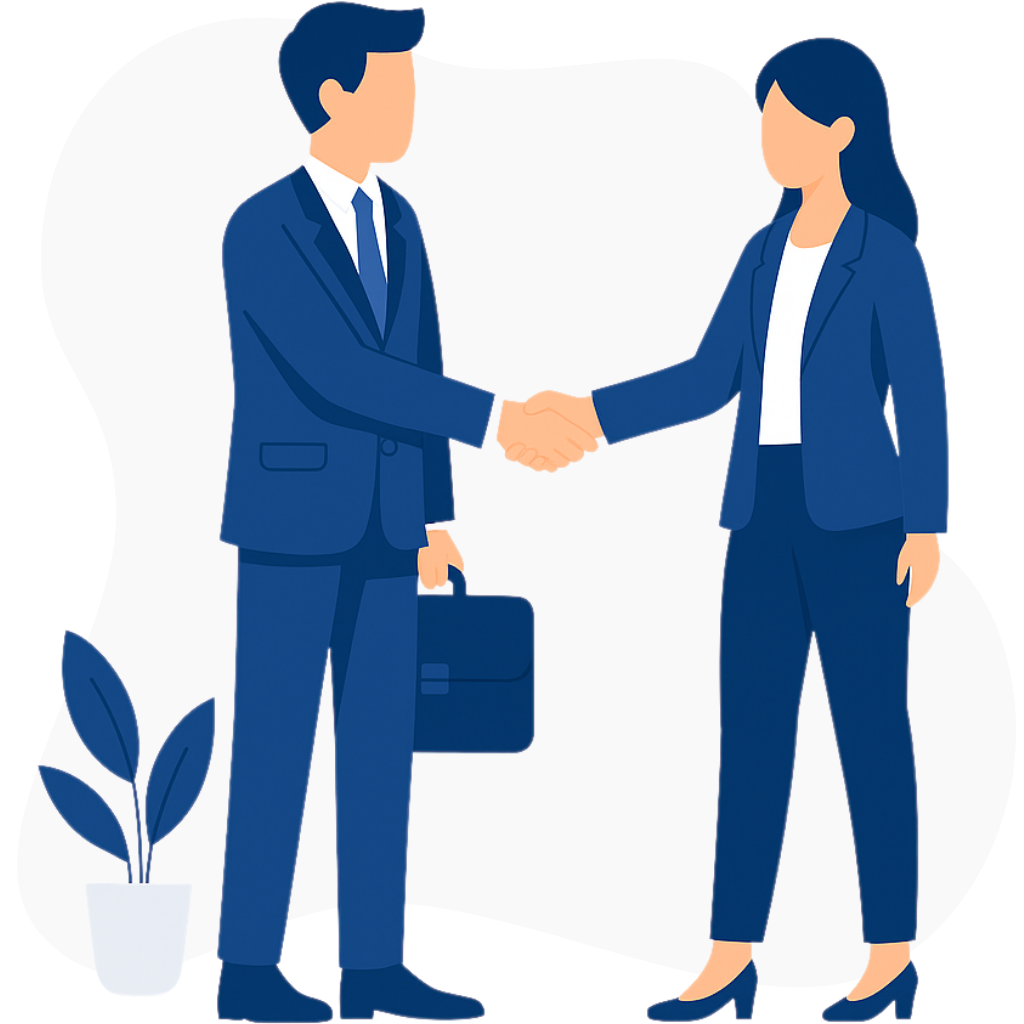 Illustration représentant un expert-comptable échangeant une poignée de main avec un client, symbolisant la simplification de la gestion des frais professionnels grâce à Silae Expense.