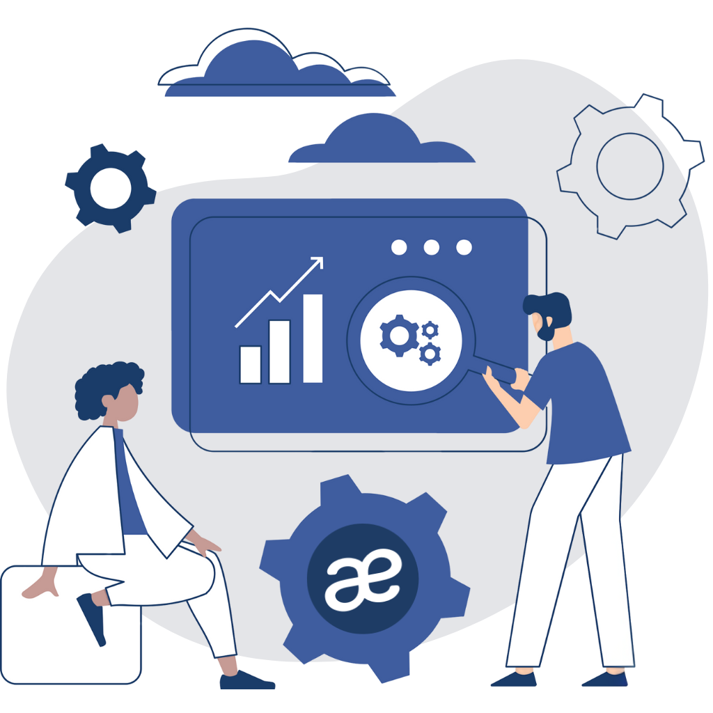 Illustration de la solution SILAE en mode SaaS : deux professionnels analysent une interface de paie digitale avec des paramètres graphiques et des rouages, représentant l'automatisation, la performance et la fiabilité du logiciel de paie SILAE, sans installation nécessaire.