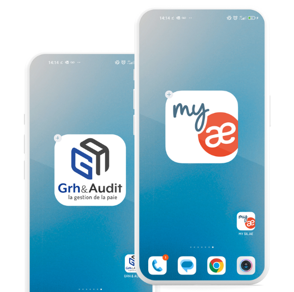 Icônes de l'application My Silae et de GRH & Audit visibles sur l'écran d'accueil d'un smartphone, illustrant le téléchargement de l'application RH My Silae pour la gestion des congés et bulletins de paie.
