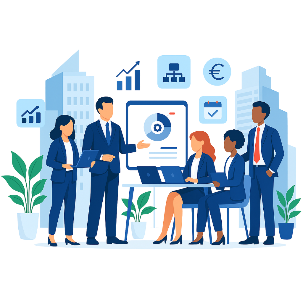 Illustration flat design premium d’une équipe en grande entreprise travaillant sur la gestion de la paie et le suivi RH.