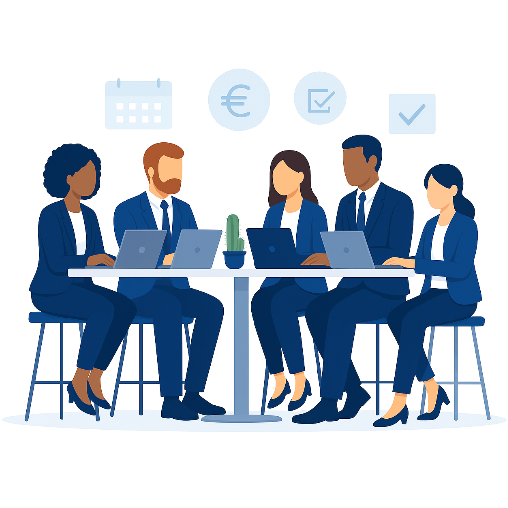 Illustration flat design premium représentant une réunion de collaborateurs en TPE-PME autour d’une table avec ordinateurs portables, travaillant sur la gestion de la paie, les bulletins de salaire, le suivi des échéances et la conformité sociale, symbolisée par des icônes de calendrier, euro et checklist.
