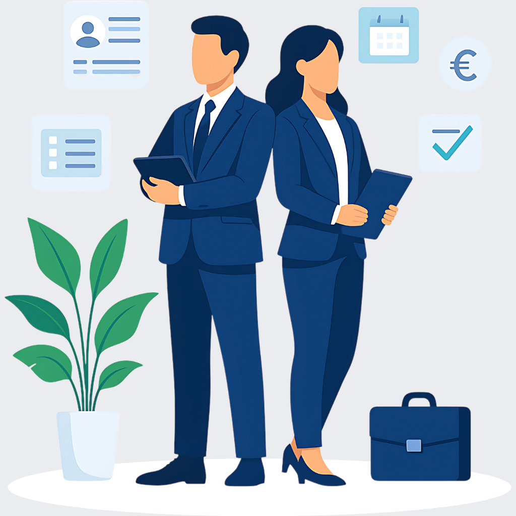 Illustration flat design premium représentant deux chefs d’entreprise associés supervisant la gestion de la paie, debout en tenue professionnelle avec tablette et dossier, entourés d’icônes de paie (calendrier, euro, fiches salariés, check), symbolisant l’organisation, la conformité et le pilotage des bulletins de salaire.
