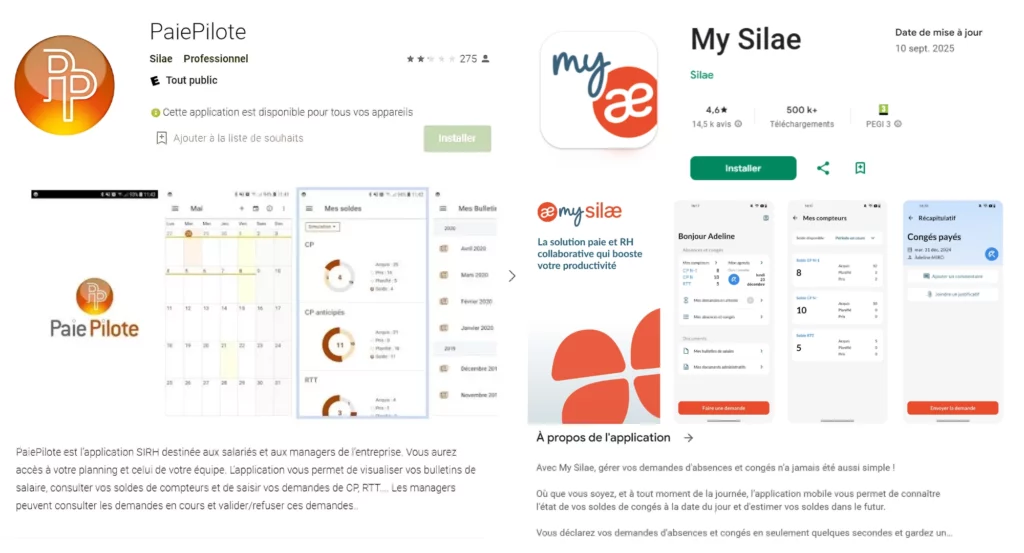 Comparaison entre l’ancienne application PaiePilote et la nouvelle appli My Silae sur le Google Play Store, illustrant la transition et la mise à jour nécessaire pour accéder aux bulletins de paie, congés et services RH.