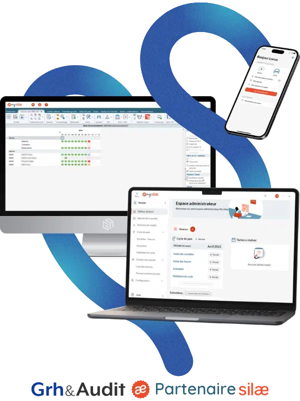 Logiciel de paie Silae sur écran, espace My Silae sur portable et mobile - GRH & Audit, partenaire Silae