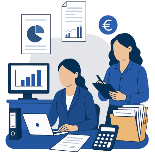 llustration de deux professionnelles en cabinet comptable analysant des données de paie sur ordinateur et documents financiers, symbolisant la paie pour les experts-comptables avec traitement des bulletins de salaire.