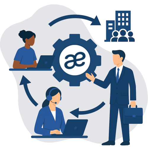 Illustration de l’accompagnement au paramétrage du logiciel Silae, montrant un expert en gestion de paie formant deux utilisateurs sur ordinateur via un système connecté, symbolisant la mise en place, l’assistance continue et la montée en autonomie dans l’usage de Silae au sein de l’entreprise.