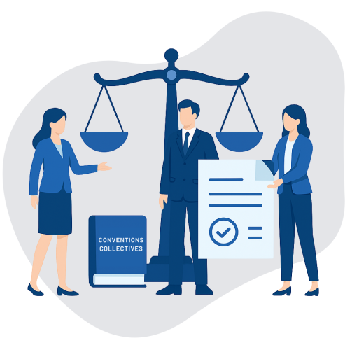 Illustration de la conformité légale avec Silae, montrant trois professionnels en discussion devant une balance de justice, une convention collective et un document validé, représentant la mise à jour automatique des conventions, lois et accords collectifs intégrés dans le logiciel de paie Silae.